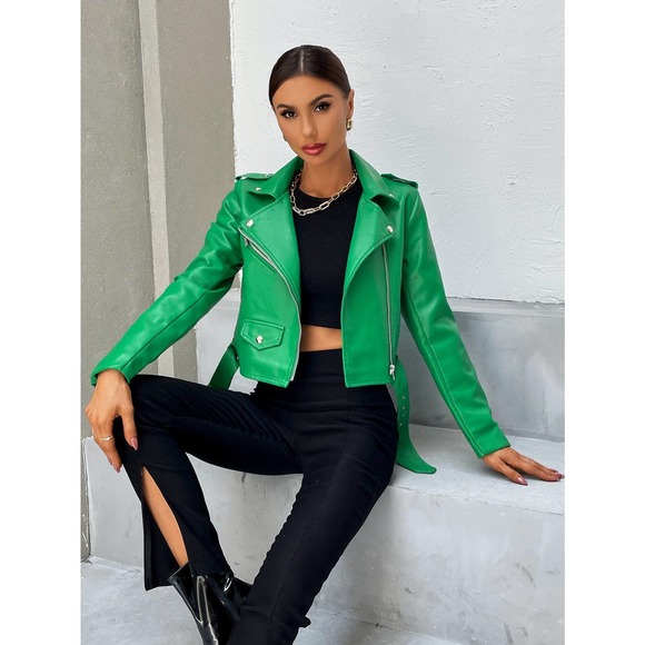 minimalist y2k baddie Zip Up Belted vegan leather Moto Jacket black - Picture 3 of 5